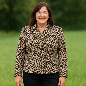 Bianca Nygard Sz 8 (Med) Animal Print Moto Jacket Short Zippered Lined Cotton